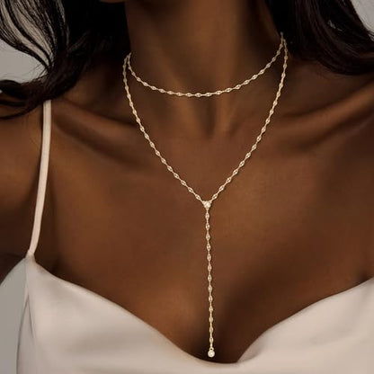 Luxval Lariat Gold Necklace for Women, Dainty Long Necklace 14k Gold Plated/Silver Y-Shaped Pendant Necklaces Trendy Beaded Chain Drop Necklaces Jewelry for Women Gifts - color: Gold-wave cz