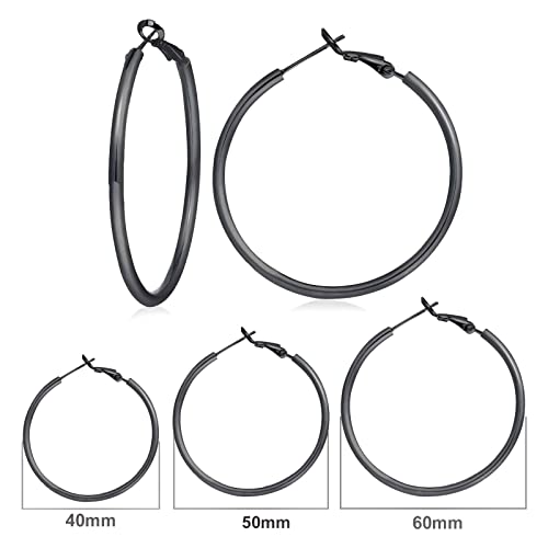 3 Pairs Sterling Silver Large Hoop Earrings Set for Women 40 50 60MM | 14K White Gold Plated, Hypoallergenic - style: D:Black 40mm 50mm 60mm