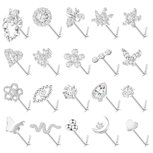 35-70 PCS 18G 20G Nose Rings for Women & Men - Gold Hoops, L Shape, Studs & Screw - 316L Surgical Stainless Steel - color: Silver-Clear CZ-20G-20pcs