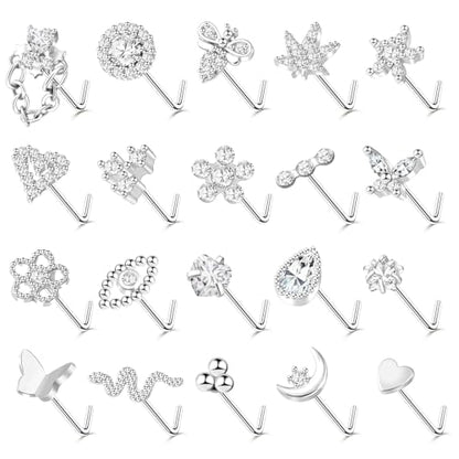 35-70 PCS 18G 20G Nose Rings for Women & Men - Gold Hoops, L Shape, Studs & Screw - 316L Surgical Stainless Steel - color: Silver-Clear CZ-20G-20pcs