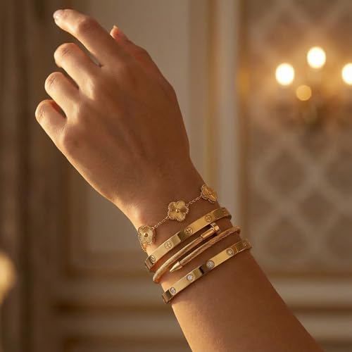 Camhanno Stackable Silver Bracelets for Women Stainless Steel Love & Friendship Bangle, Mothers Day Valentines Birthday Christmas Jewelry Gifts for Mom Her Wife Grandma - style: Bracelet Stack 4Sets (Floral Gold Bracelets,Bangle)