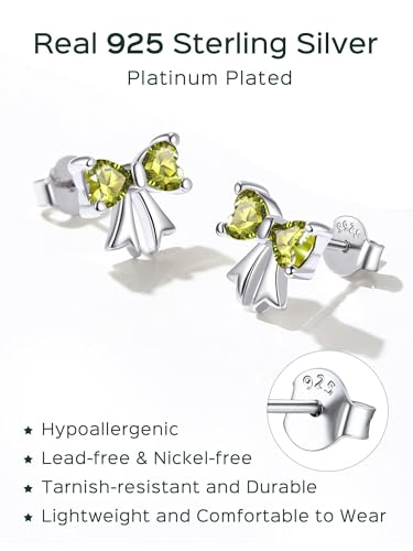 ChicSilver 925 Sterling Silver Bow/Butterfly Earrings for Women Hypoallergenic Birthstone Earrings Dainty Bow/Butterfly Jewelry Gift for Women - color: Bow-August-Peridot