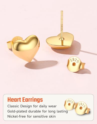 JustBeingCute Heart Stud Earrings 14K Gold Plated 925 Sterling Silver Posts | Dainty Simple Heart Earrings for Women hypoallergenic Chunky Puffy Studs Lightweight with Gift Box（7/10mm） - color: 10mm 14K Gold Stud