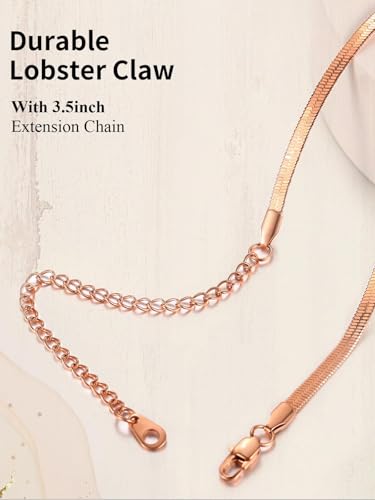 ChainsHouse Flat Snake Chain Herringbone Choker Necklace for Women, Stainless Steel/Rose Gold/18K Gold Plated Dainty Adjustable Simple Short Layered Necklaces, 12"/15"/18" with 3.5" Extender - color: a. rose gold-3mm