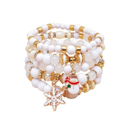 WETMT 5 PCS Christmas Bracelets for Women Acrylic Green White Bead Elastic Christmas Tree Snowflakes Stretch Bracelets Stack Holiday Party Jewelry Gifts Stocking Stuffers - color: white