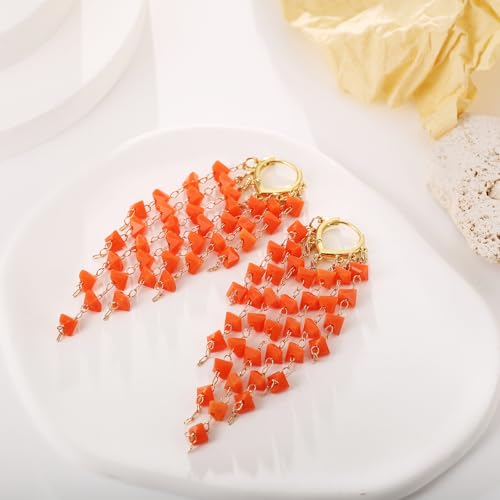 Fringe Hoop Dangle Earrings, Long Beads Tassel Chain Earrings for Women Sparkly Chandelier Earrings - color: Orange