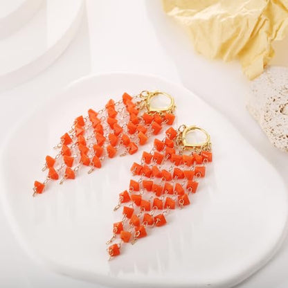Fringe Hoop Dangle Earrings, Long Beads Tassel Chain Earrings for Women Sparkly Chandelier Earrings - color: Orange