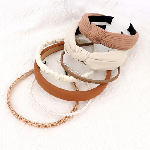 7 Pack Headband for Women Girls Cute Headbands for Women Cute Pearl Beads Solid Knotted Diademas para Mujer de Moda Cute Hair Accessories - color: Neutral