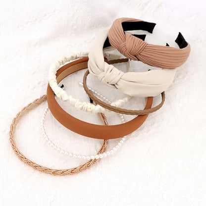 7 Pack Headband for Women Girls Cute Headbands for Women Cute Pearl Beads Solid Knotted Diademas para Mujer de Moda Cute Hair Accessories - color: Neutral