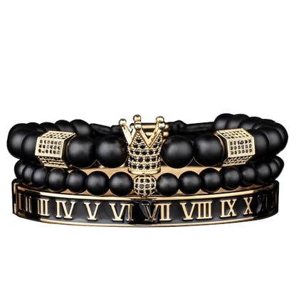 3pcs/set Classical Handmade Braiding Bracelet Hip Hop Men Pave CZ Leopard Head Roman Numeral Bracelet Stainless Steel Jewelry - color: 3pcs D Black golden