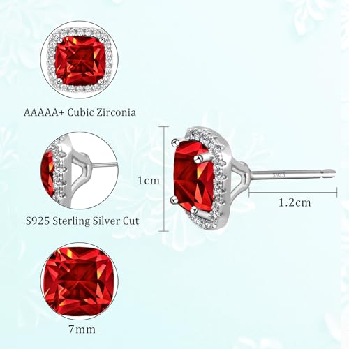 Square Cubic Zirconia Earrings Stud 7mm Birthstone Studs Earrings Hypoallergenic Princess Cut Earrings 925 Sterling Silver Post Studs Earrings for Women - color: Ruby