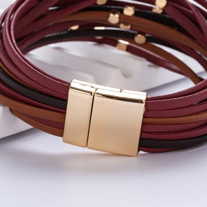 Stackable Beaded Leather Wrap Bracelet Boho Western Country Beach Jewelry | Layered Bead Stack Multi Strand Magnetic Clasp Cuff Bangle Bohemian Hippie Cowgirl Fashion Summer Vacation Outfits for Women - color: Burgundy