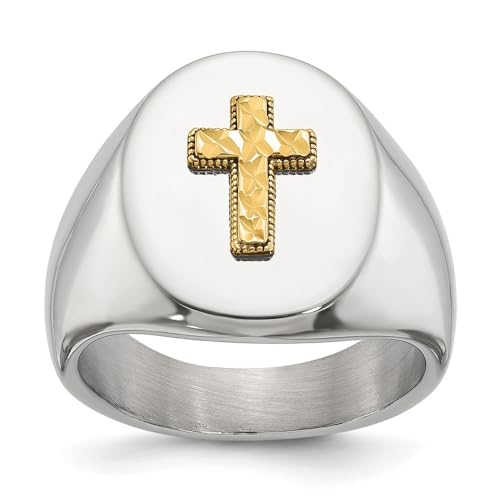 Stainless Steel Polished with Diamond-cut 14K Gold Accent Cross Oval Signet Ring Size 9 to 11