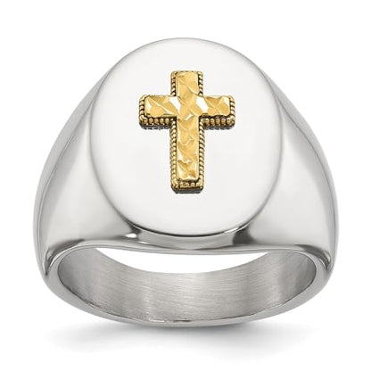 Stainless Steel Polished with Diamond-cut 14K Gold Accent Cross Oval Signet Ring Size 9 to 11
