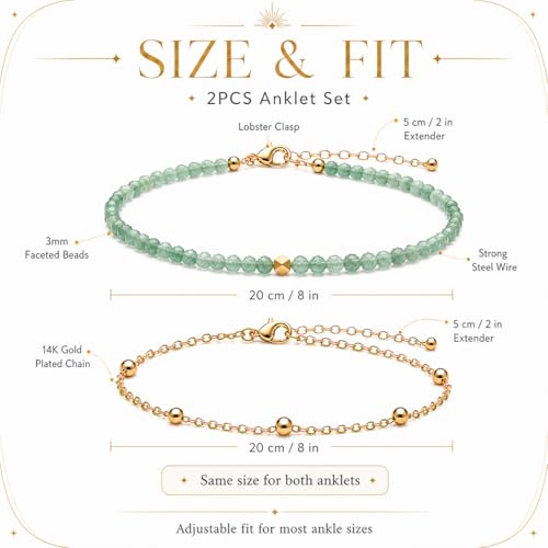 2Pcs Beaded Anklets for Women, Natural Stone Bead Ankle Bracelets with 14K Gold Plated Chain, Waterproof Adjustable Layered Anklet Set, Boho Beach Summer Jewelry Gift - color: Green Aventurine
