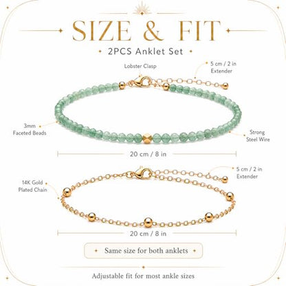 2Pcs Beaded Anklets for Women, Natural Stone Bead Ankle Bracelets with 14K Gold Plated Chain, Waterproof Adjustable Layered Anklet Set, Boho Beach Summer Jewelry Gift - color: Green Aventurine