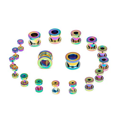 18PCS Ear Tunnels Kit Stainless Steel Screw Fit 14G-00G Gauges Plugs Set Double Flared Stretcher Expander Body Piercing Jewelry - color: Rainbow