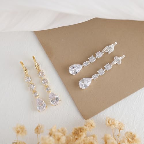 Dangle Earrings for Women Trendy, 14K Gold Plated CZ Huggie Drop Earrings, Dainty Long Chain Prom Wedding Jewelry Gift for Her - style: Teardrop CZ Silver