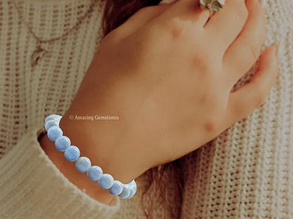Amazing Gemstone Angelite Crystal Bracelet for Women Men's Gifts - Protection Healing Crystal Bracelet - 8mm Gemstone Beaded Stretchable Bracelet Pulseras Para Hombres Mujer Stocking Stuffers Mothers Day Gift - color: Angelite