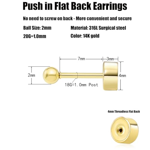 Sweetkiki Threadless Flat Back Earrings, 14K Gold Plated Ball Stud Earrings Hypoallergenic | Cartilage Earring | Helix Piercing Jewelry | Tragus Piercing Jewelry | Push in Flatback Earrings for Women Men - color: 14K Gold, size: 2 Millimeters