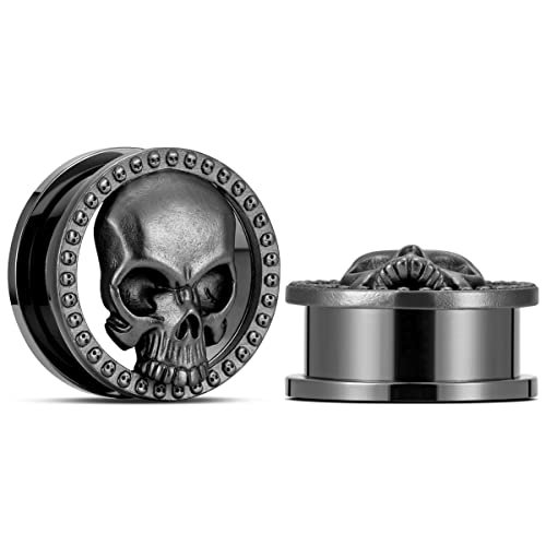 ERKUOO 2PCS Skull Ear Gauges Screw Ear Plugs Tunnels Ear Flesh Tunnels Piercing Earrings Hangers Expander Stretchers 0g-1"(8mm-25mm) - color: #3 Black, size: 3/4"=19mm
