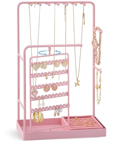 ProCase Jewelry Stand Holder Organizer and Storage, Pink (No-Assembly) | Rotating Earring Bracelet Holder Storage, Hanging Jewelry Display Velvet Ring Tray, Teen Girls Birthday Gifts Room Dorm Decor - color: Pink (No-Assembly), size: Medium (7.87" W × 3.9