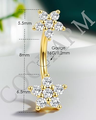 Minimalist Flower Rook Piercing Jewelry, 16G 5A CZ Eyebrow Piercing, Stainless Steel Rook Lobe Earrings 6/8MM - color: YG-8MM