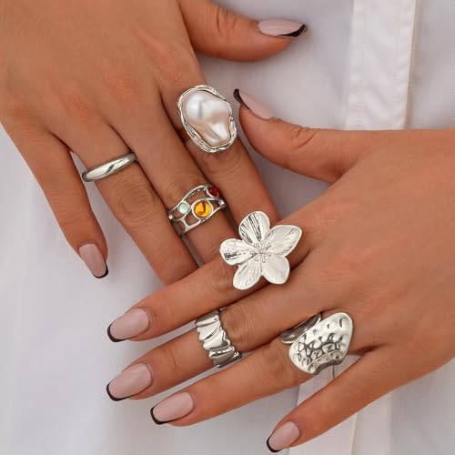Chunky Gold Rings Set for Women Trendy Statement Flower Knuckle Ring Baroque Pearl Stack Ring Wrinkled Prom Outfits Accessories - color: Silver