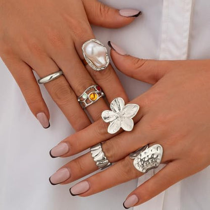 Chunky Gold Rings Set for Women Trendy Statement Flower Knuckle Ring Baroque Pearl Stack Ring Wrinkled Prom Outfits Accessories - color: Silver