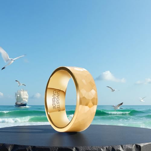 SX.man&sog Tungsten Carbide Rings for Men or Women,Stereoscopic Polygon Wedding Band for Men and Women Exchanging to Witness Each other's Loyal Love - color: Gold & Hammered - 8mm