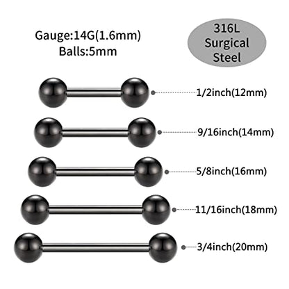 GAGABODY 5 Pairs Nipple & Tongue Rings - 14G Surgical Steel Screw Barbell - Straight, 12mm-20mm - color: Black