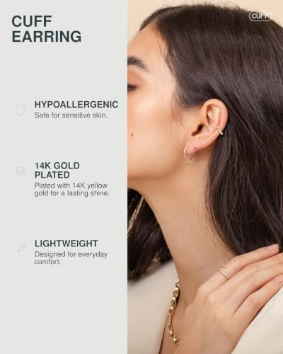 PAVOI 14K Gold Plated 925 Sterling Silver Round Huggie Ear Cuff Earrings for Women | Clip On Cartilage Cuff Earrings - style: Studded