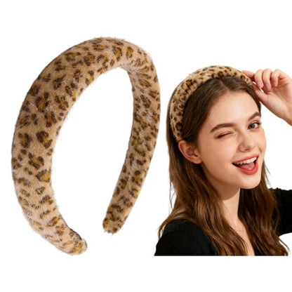 Kefley Padded Puffy Leopard Print Headband for Women Soft Sponge Cheetah Leopard Headbands Hair Hoop No Slip Padded Plush Hairbands Thick Animal Print Headband Hair Accessories Headwear - color: Khaki