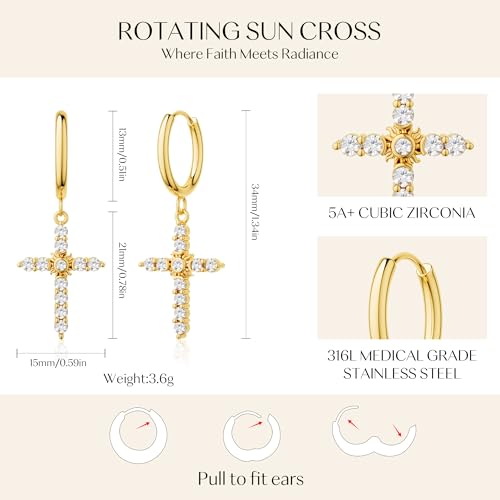 Gold Dangle Earrings for Women,Horseshoe Hoop Huggie Earrings with Heart Cubic Zirconia Hypoallergenic Lightweight Dangling Earrings Lucky Jewelry Gifts Perfect for Christmas,Birthday,Anniversary - style: Sun in Cross