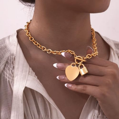 VNOX Personalized Initial Name Stainless Steel Trendy Cable Chain Bracelet Neckalce Set with Padlock Heart Charm and Toggle Clasp Closure - color: Gold Necklace
