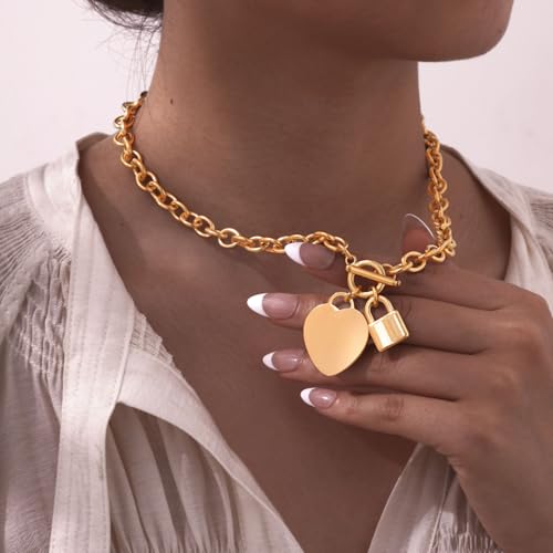 VNOX Personalized Initial Name Stainless Steel Trendy Cable Chain Bracelet Neckalce Set with Padlock Heart Charm and Toggle Clasp Closure - color: Gold Necklace+Bracelet