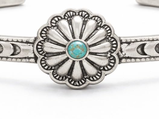 Isac Silver-Tone Concho Cuff Bracelet with Turquoise Stone, Floral Engraved, Western Boho Style