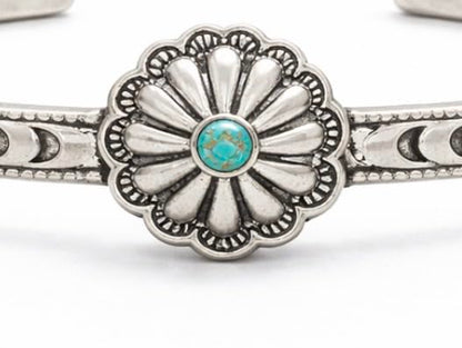 Isac Silver-Tone Concho Cuff Bracelet with Turquoise Stone, Floral Engraved, Western Boho Style