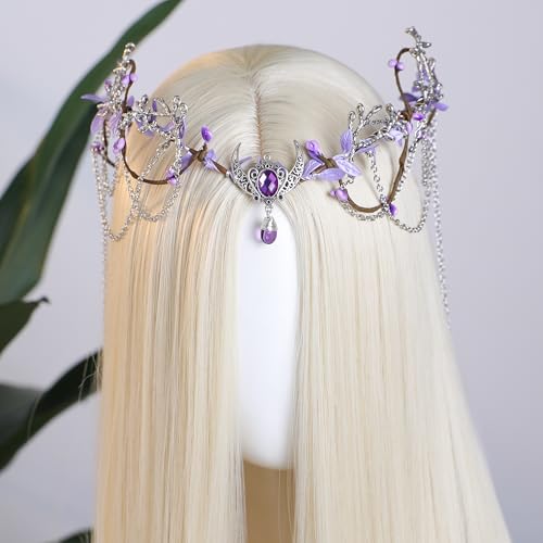 MOSTORY Woodland Elf Crown for Women - Medieval Elf Headpiece with Tassel for Renaissance Renfaire Fae Cosplay Viking Outfit - color: Purple-silver