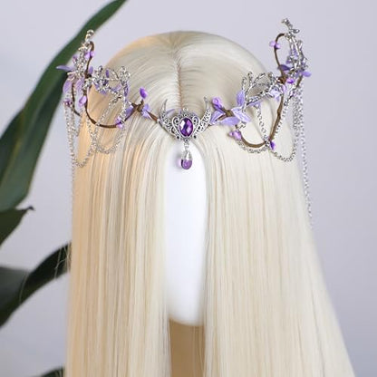 MOSTORY Woodland Elf Crown for Women - Medieval Elf Headpiece with Tassel for Renaissance Renfaire Fae Cosplay Viking Outfit - color: Purple-silver