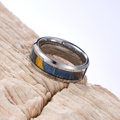 King Will Tungsten Wedding Band Wood Inlay for Men Black Beveled Edge | Black, 8mm, Beveled Edge, Comfort Fit, Wood inlay, Promise Gift - color: Colorful Wood Chips-Gunmetal