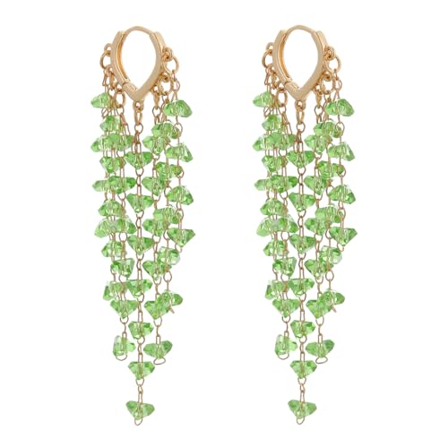 Fringe Hoop Dangle Earrings, Long Beads Tassel Chain Earrings for Women Sparkly Chandelier Earrings - color: Green