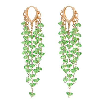 Fringe Hoop Dangle Earrings, Long Beads Tassel Chain Earrings for Women Sparkly Chandelier Earrings - color: Green
