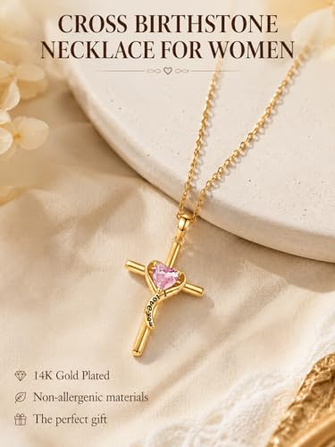 14K Gold Cross Necklace for Women Dainty Birthstone Pendant | Heart I Love You Romantic Jewelry Anniversary Christian Religious Baptism Birthday Gifts with 18"+2" Adjustable Chain - color: 14K Gold-10-Oct Birthstone