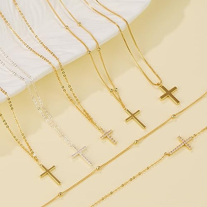 Poxtex Cross Necklace for Women Teen Girls, Dainty 14K Gold Silver Plated Cross Choker Jewelry Non Tarnish Waterproof Cute Simple Small Necklace Christian Baptism Religious Faith Jewelry Gifts - color: 07 Stacked Silver Necklace-CZS