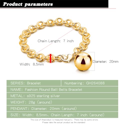 Dankadi Women 925 Sterling Silver Round Cable Wire Link Bracelet Charm Heart-Bell-Square-Circle Pendant Chain Bangle Fine Jewelry Gift For Wife Her - color: 8.5MM Gold Bell Pendant, size: 5.9 in