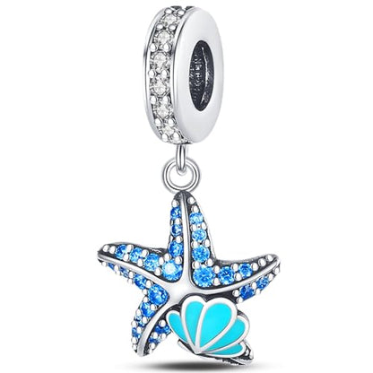 925 Sterling Silver Charms Bead for Bracelets Necklaces, Star Moon Crescent Sun Solar Pendent, Blue Ocean Starfish Shells Turtle Crab Starry Sea Cute Jewelry Birthday Gifts for Women Men - style: Luminous Starfish