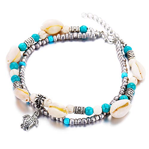 Softones Blue Starfish Turtle Anklet Multilayer Charm Beads Sea Handmade Boho Anklet Foot Jewelry for Women - style: A:Turtle 3