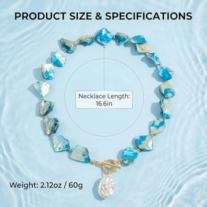 Chunky Shell Choker Necklace for Women,Natural Irregular Pearl Beaded Beach Necklaces,OT Buckle Pearl Pendant Choker,Bohemian Beach Necklace,Summer Beach Vacation Jewelry Gift for Women - color: Blue