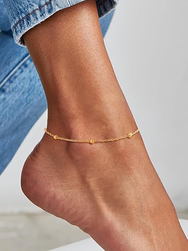 U7 Ankle Bracelets for Women Stainless Steel Waterproof Tarnish Resistant | 18K Gold Plated/Silver/Rose Gold Anklets, Cuban Chain Anklet Bracelets, Perfect for Summer Beach and Vacation Outfits - color: Gold Plated-Bead Chain
